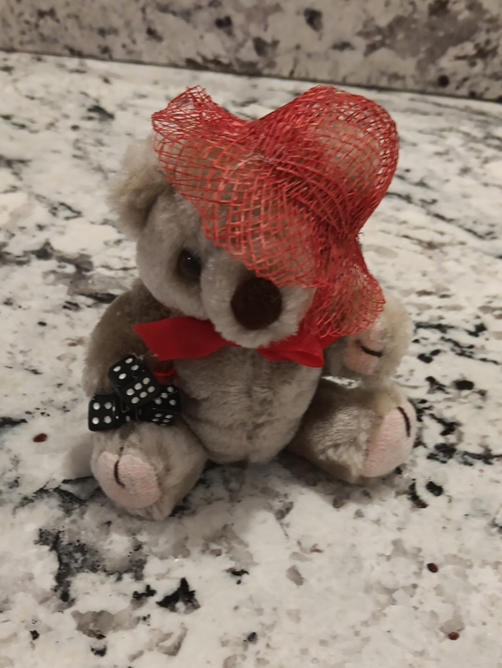 Small Bunko Bear with Red Mesh Hat and Red Bow